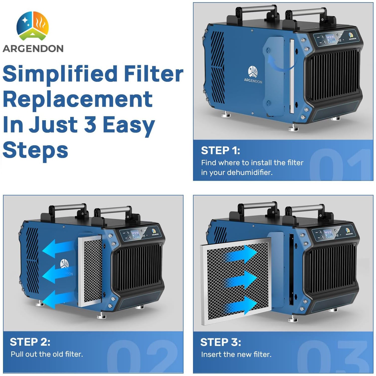 Argendon MERV-1 Filter Replacement 3 Pack (Set for Crawl Space & Basement Dehumidifier Guardian 60/85P)