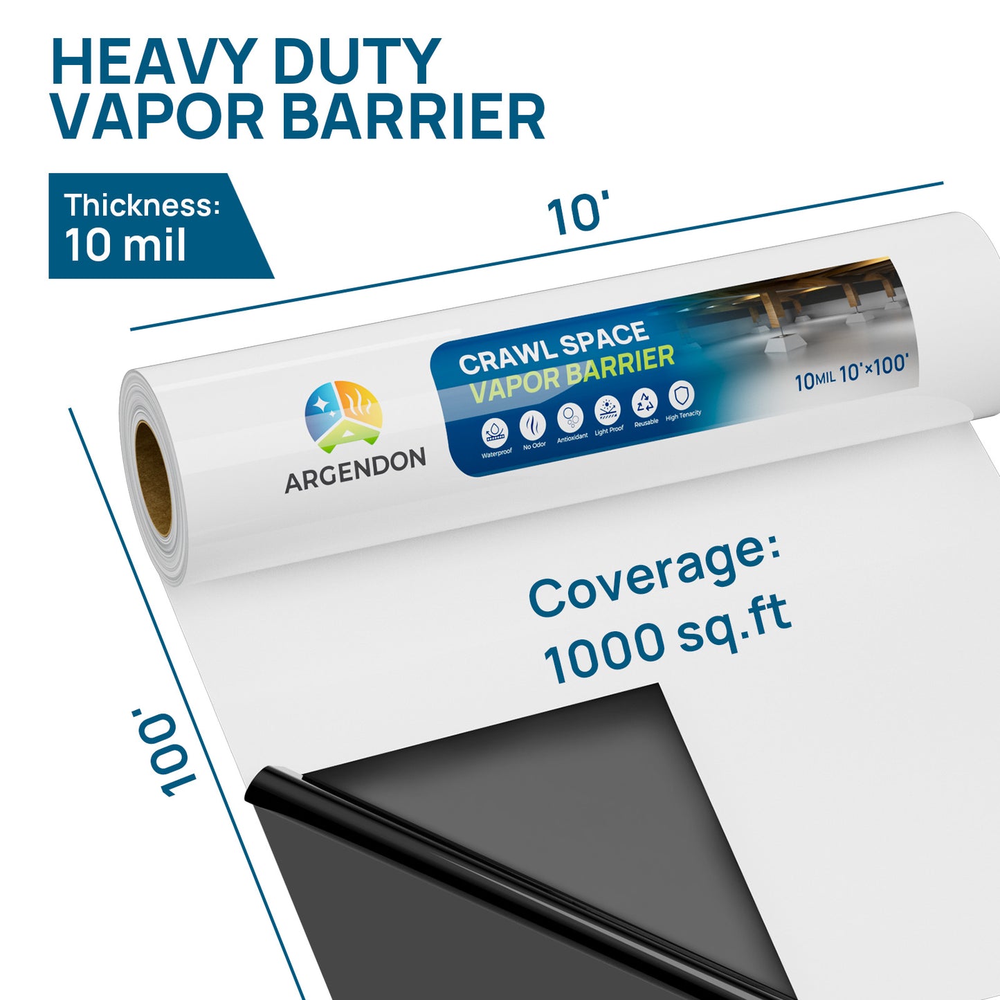 10 Mil Crawl Space Vapor Barrier with Thick Polyethelene Double-Sided Plastic Sheeting - 10” x 100”